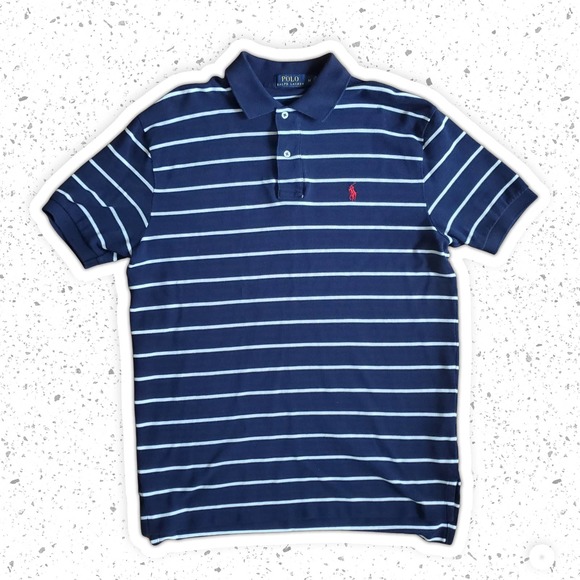 Polo By Ralph Lauren Navy Blue d and White Striped Red Logo Shirt Sz M - Picture 1 of 7